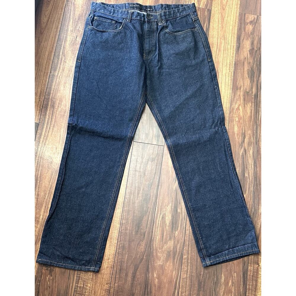 Rocawear Jeans Men's 36x32 Classic Fit Dark Wash Denim Double R Flaps Hip Hop